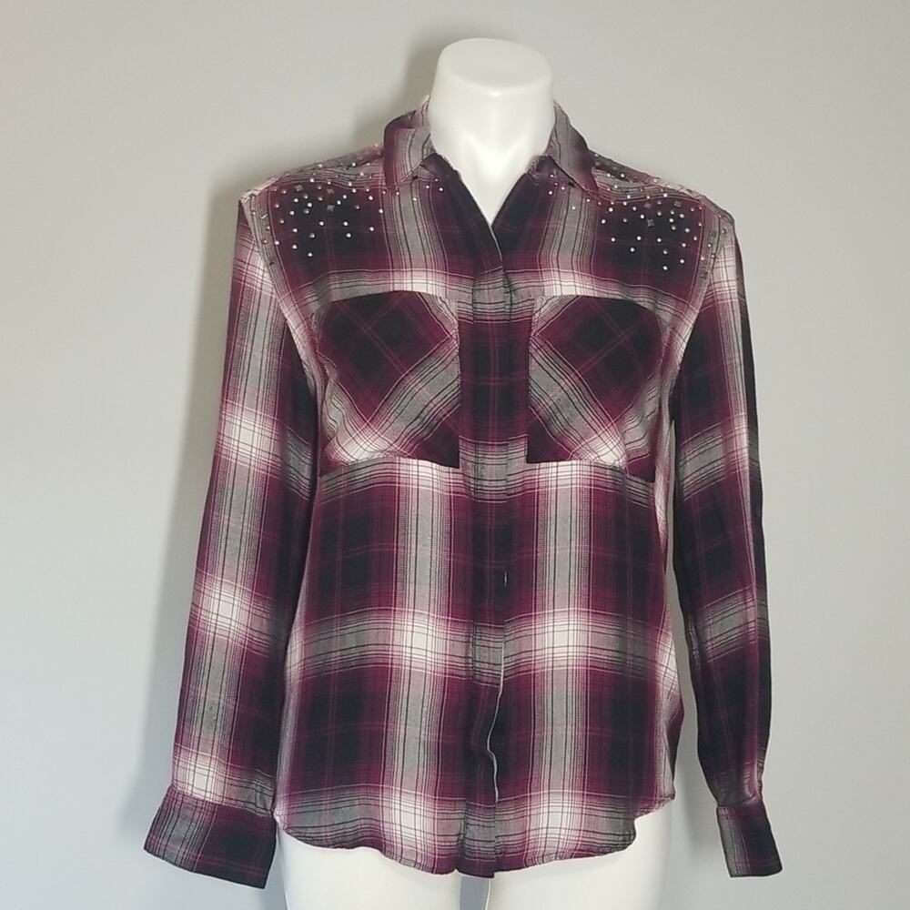 Express Women’s XS Soft Plaid Button Up Shirt Fuschia Pink Embellished Flannel